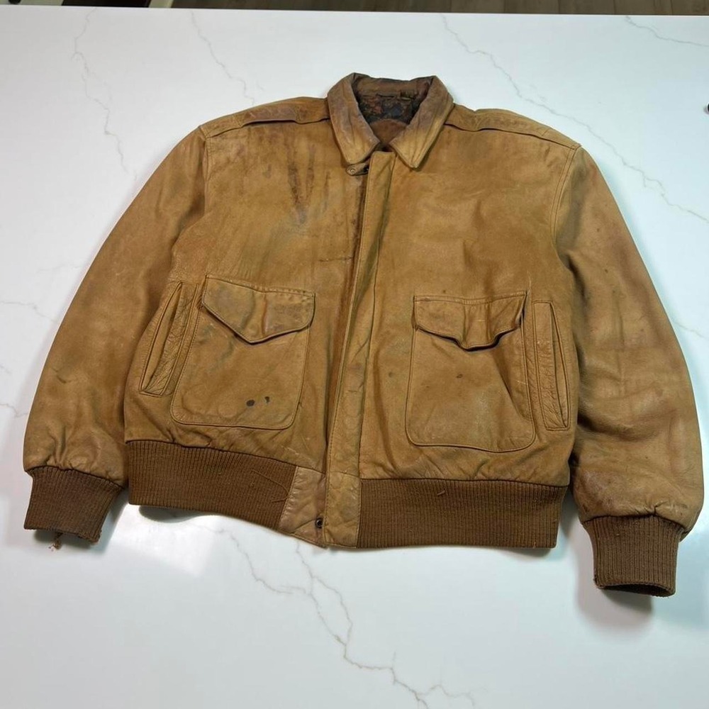 Gitano Leather Bomber Jacket Mens Large Distressed Tan Flight Coat Vintage